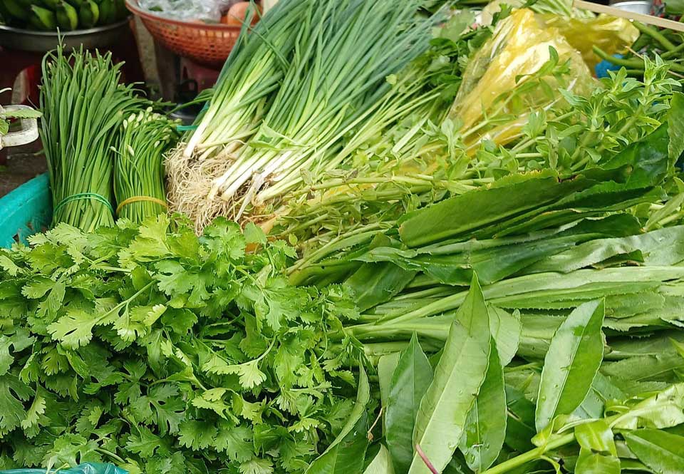 Ngò rí, hành chỉ được bán tại một sạp rau ở chợ Xóm Mới, phường An Hội Đông (TP HCM) sáng 8/10. Ảnh: Thi Hà